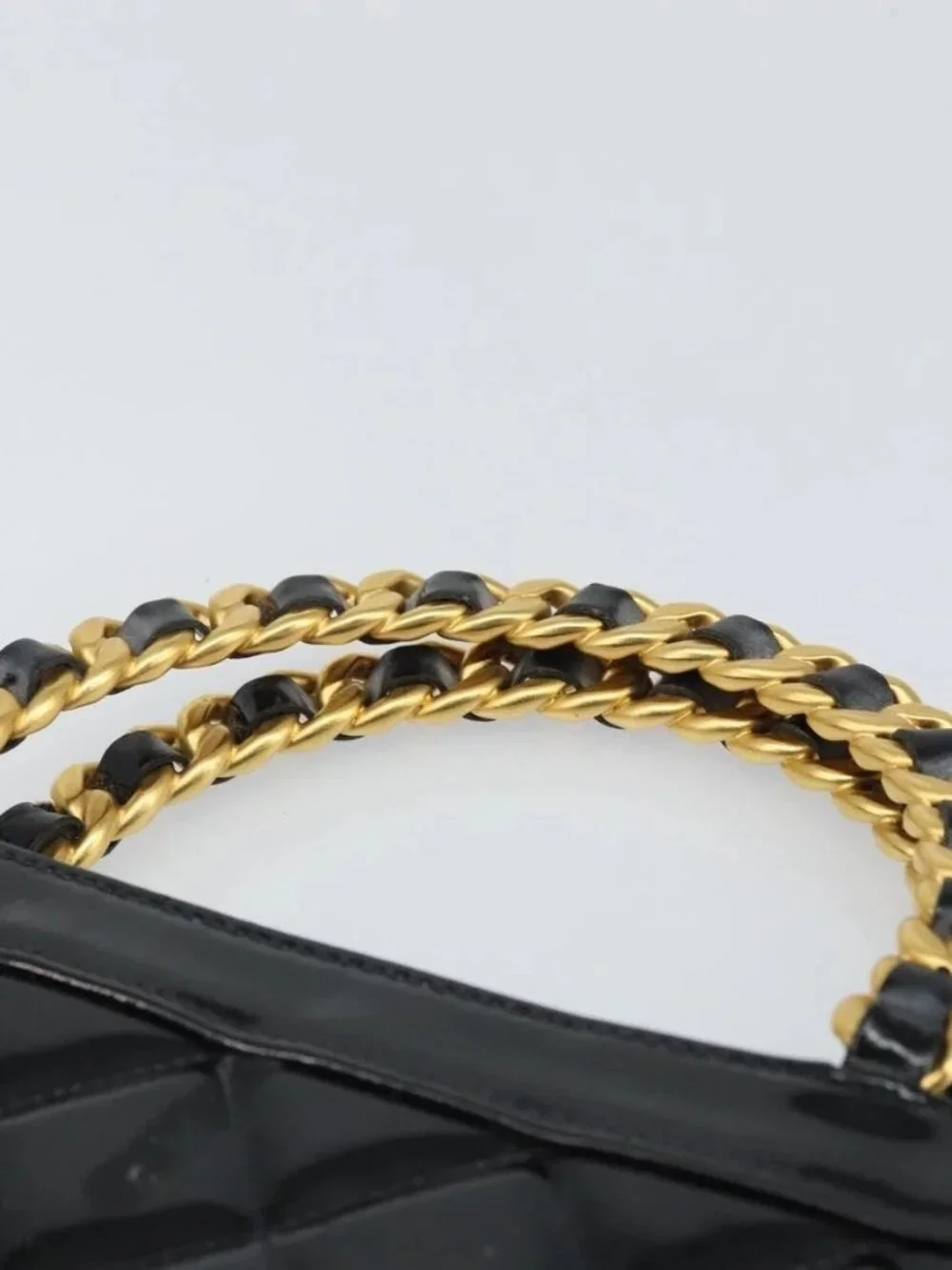 CHANEL Matelasse Hand Bag Patent leather Black Gold CC Auth BA9804